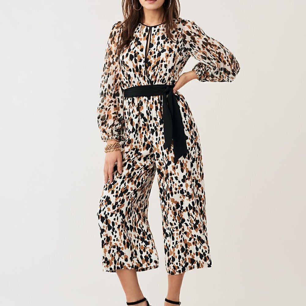 DVF Diane von Furstenberg Delphi Apaloosa Chestnut black silk jumpsuit new S 4 6